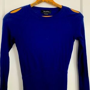 Yigal Azrouel dark blue sweater with peek-a-boo shoulder sleeves.